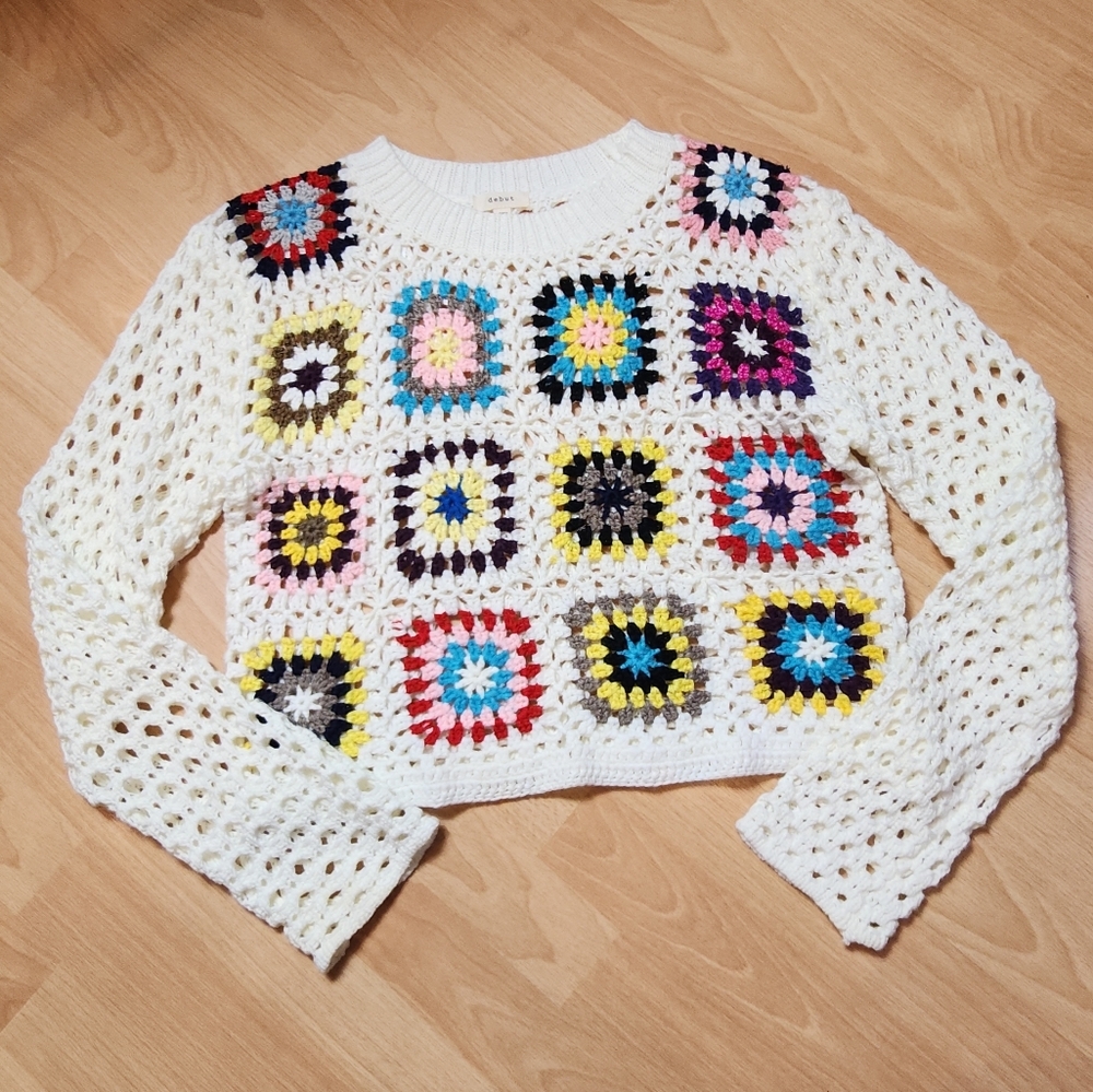 Debut Crochet Rainbow Granny Square Crewneck Open Knit Sweater‎ Medium